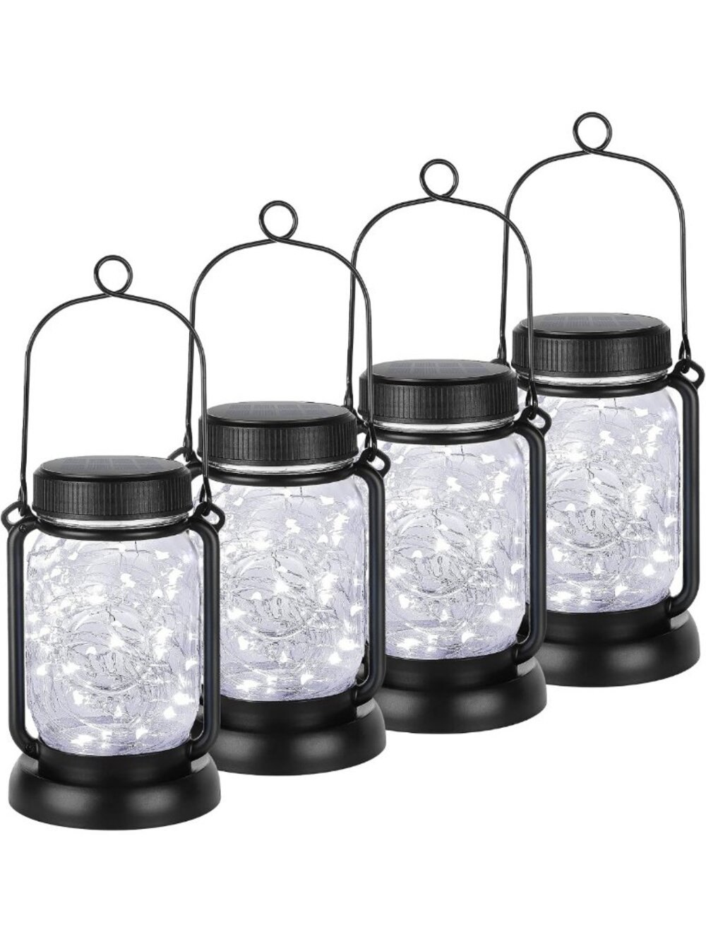 4 Pack Solar Hanging Mason Jar Lanterns with Stakes - Cool White Light Decor